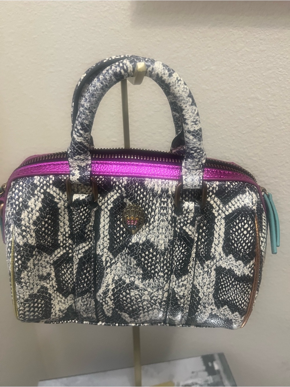 Kurt Geiger Snake-Print Mini Satchel with Magenta Zip